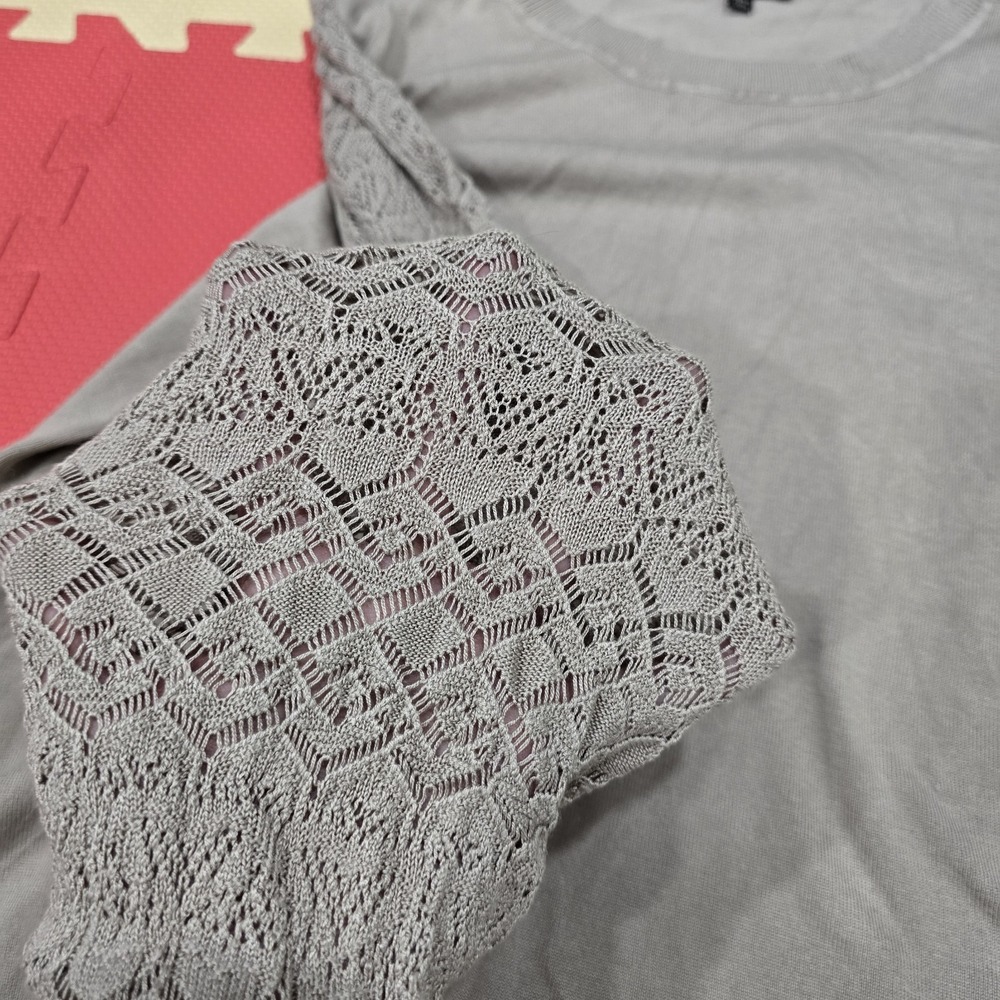 Lety & Me Women's XL Gray Knit Sweater Lace Crochet Eyelet Long‎ Sleeve Soft